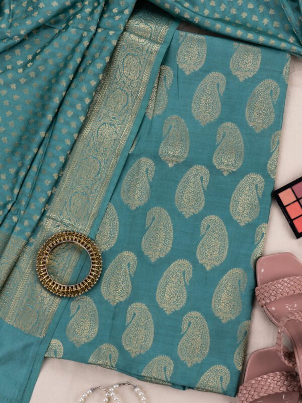 Adrika Banarasi Butter Silk Persian Green Coloured Kurti & Dupatta With Golden Zari Work Unstitched 2 Piece Kurta Set