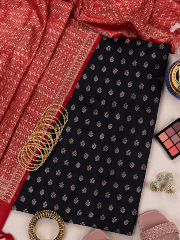 Adrika Banarasi Katan Tanchoi Black Colour Kurti & Katan Jamewar  Red Dupatta Unstitched 2 Piece Kurta Set