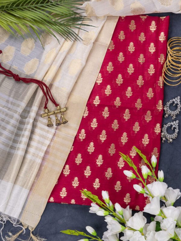 Adrika Banarasi Chiniya Silk Burgundy Colour Kurti & Cotton Silk Off White Colour Dupatta Unstitched 2 Piece Kurta Set