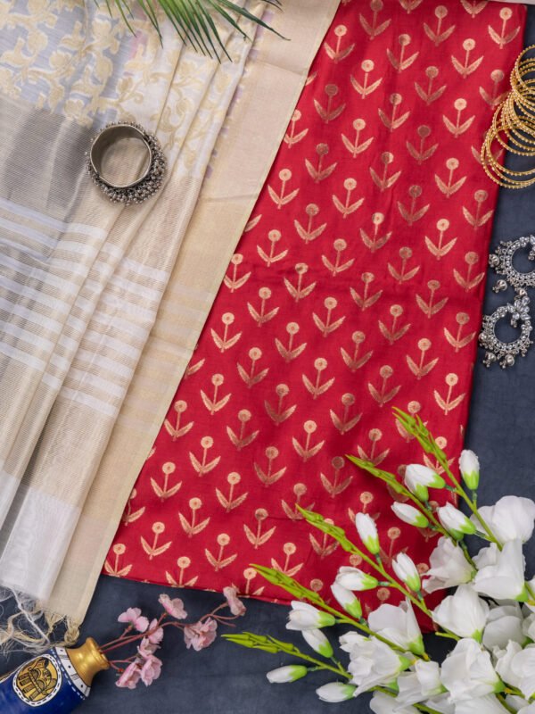 Adrika Banarasi Cotton Silk Red Colour Kurti & Cotton Silk Off White Colour Dupatta Unstitched 2 Piece Kurta Set