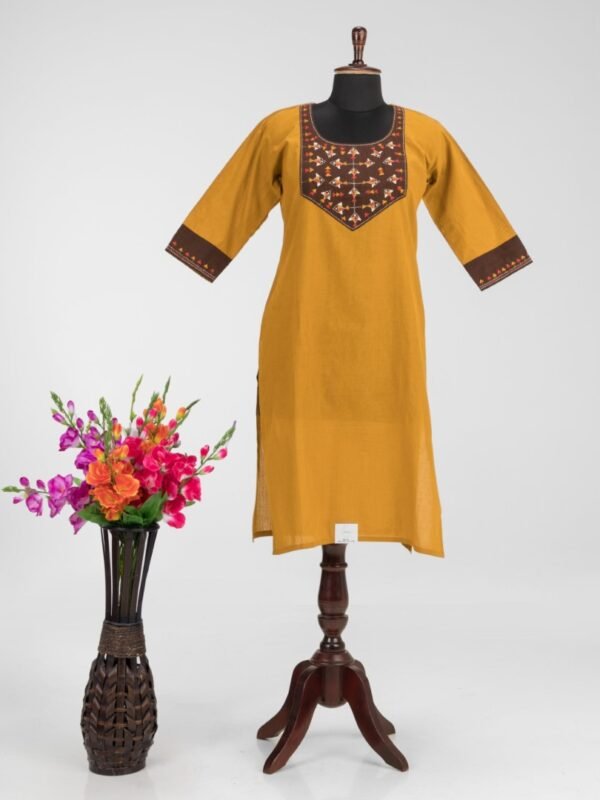 Adrika'S Mustard Yellow Pure Cotton Hand Embroidered Kurti