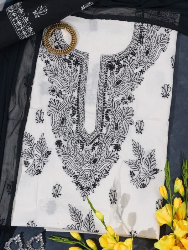 Adrika's Lucknow Chikankari Cotton White Unstitched 3-Piece Kurti Set