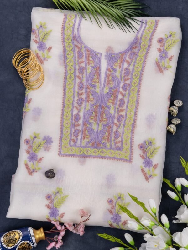 Handcrafted Lucknow Chikankari Organza Unstitched 2-Piece Kurti Set