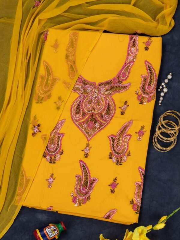 Handcrafted cotton unstitched 3 piece kurta set with detailed embroidery by Adrika