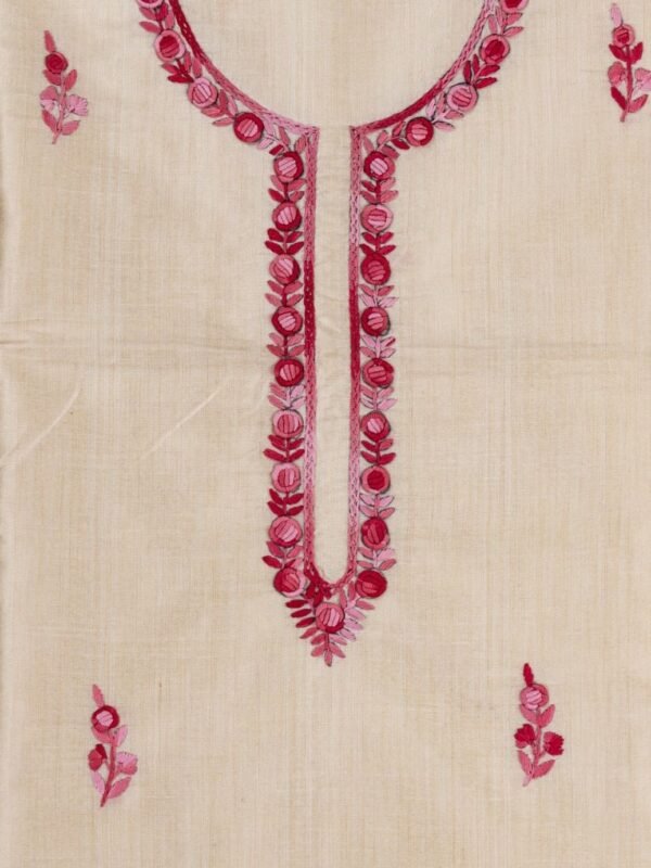 Unstitched Semi Tussar Kurta with Detailed pink Embroidery by Adrika