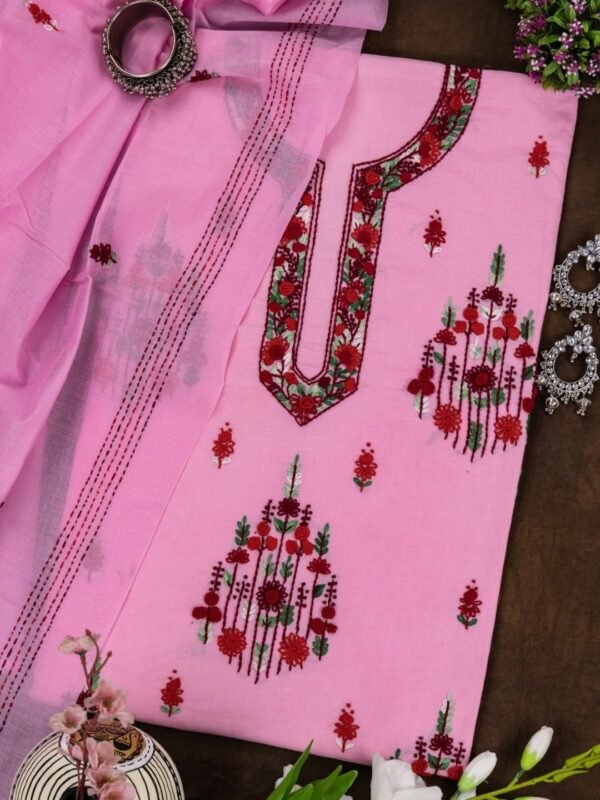 Adrika red Embroidered pink cotton Kurta Set