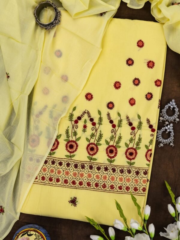 Premium Hand Embroidered Cotton Unstitched 3 Piece Set by Adrika