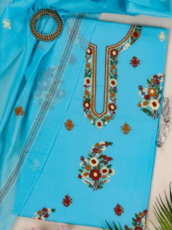 Adrika Turquoise Blue Cotton Kurta Set with Multicoloured Hand Embroidery