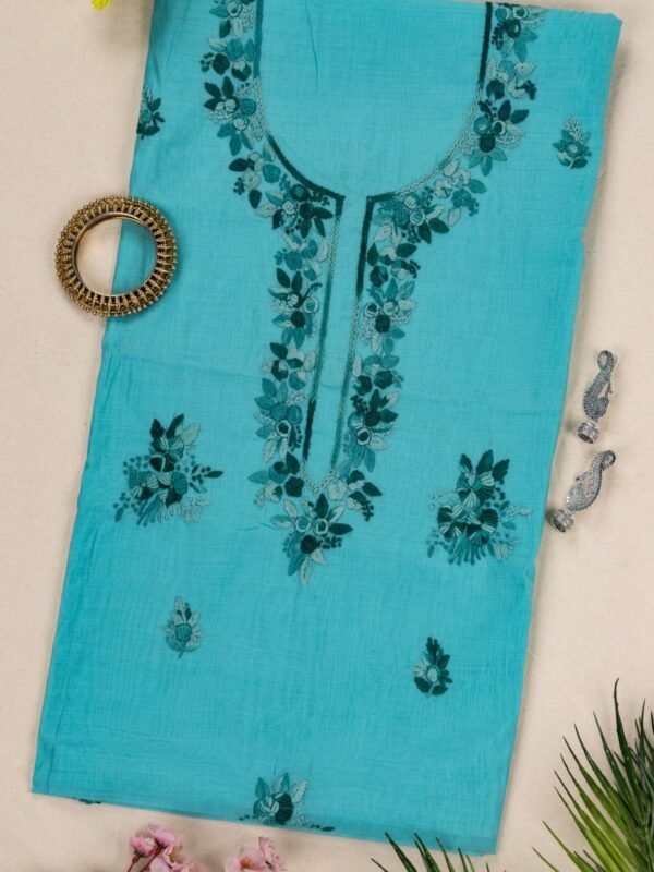 Adrika Turquoise Blue Cotton Chanderi Kurta with Green Hand Embroidery