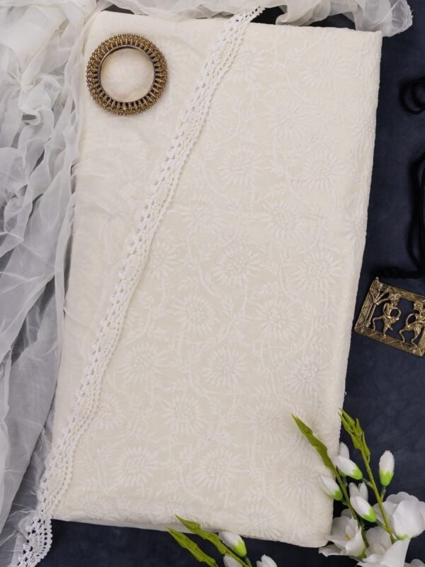 Adrika Offwhite Cotton Hand Embroidered Lucknow Chikankari Unstitched 3-Piece Kurti Set