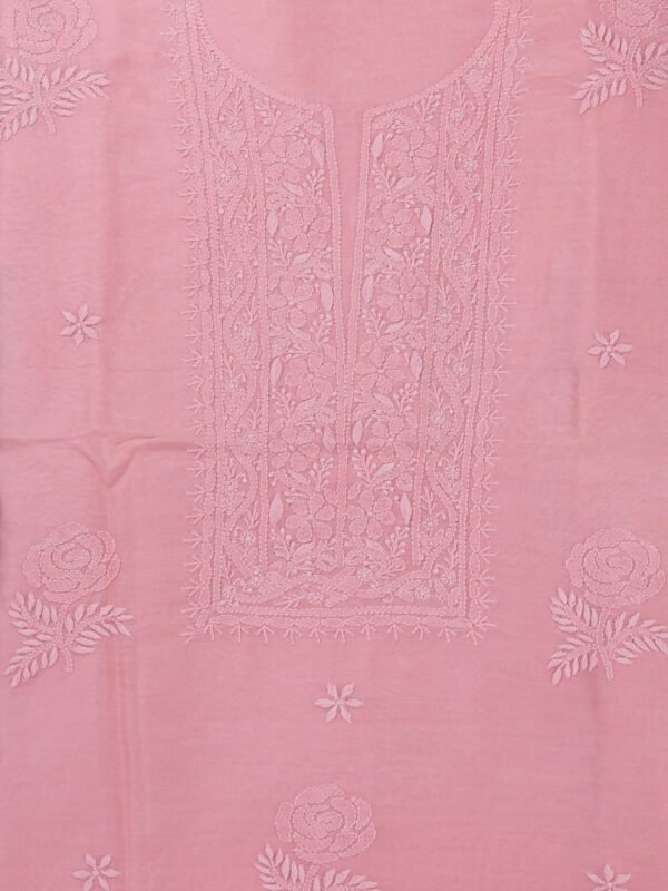 Hand-embroidered Lucknow Chikankari Pink Chanderi Unstitched 2-Piece Kurti Set by Adrika
