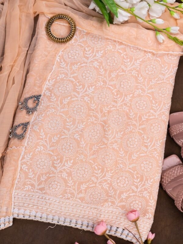 Adrika's premium Lucknow Chikankari Peach Cotton Unstitched 3-Piece Kurti Set