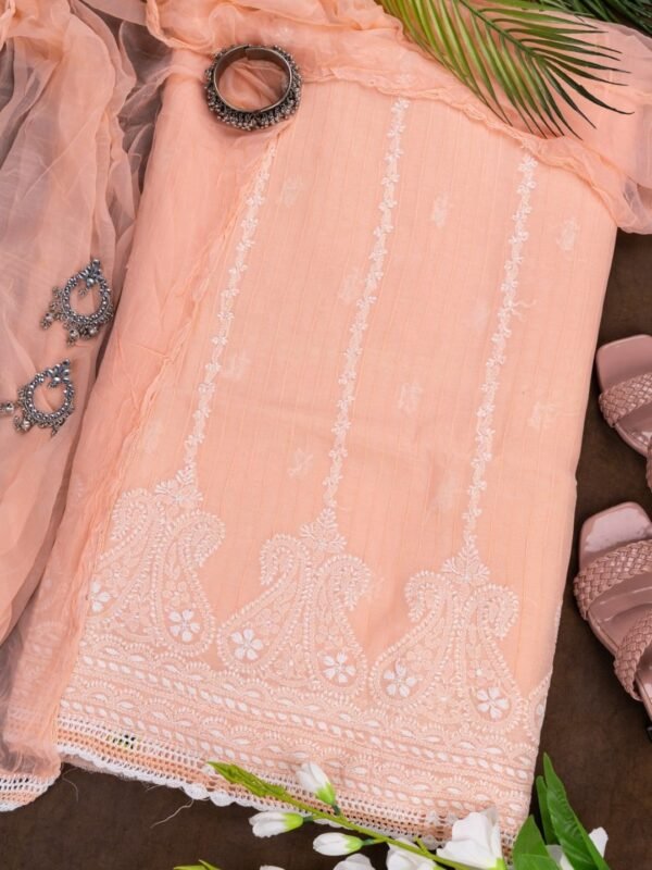 Adrika's Lucknow Chikankari Peach Cotton Unstitched 3-Piece Kurti Set