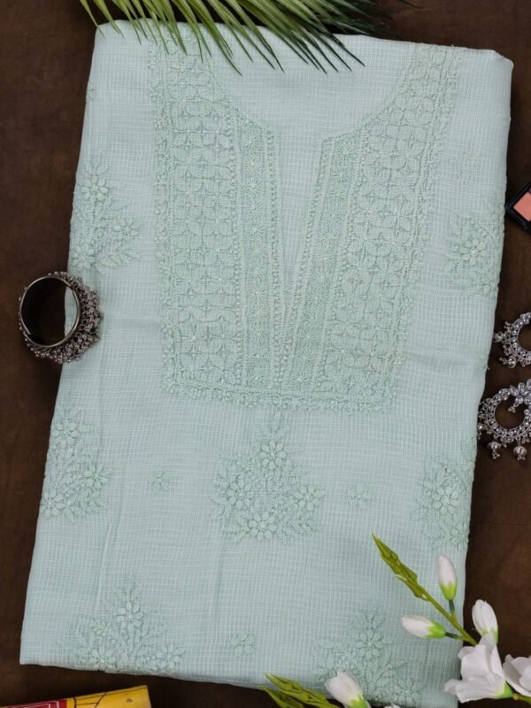 Adrika's Lucknow Chikankari Fern Green Kota Cotton Unstitched 3-Piece Kurti Set