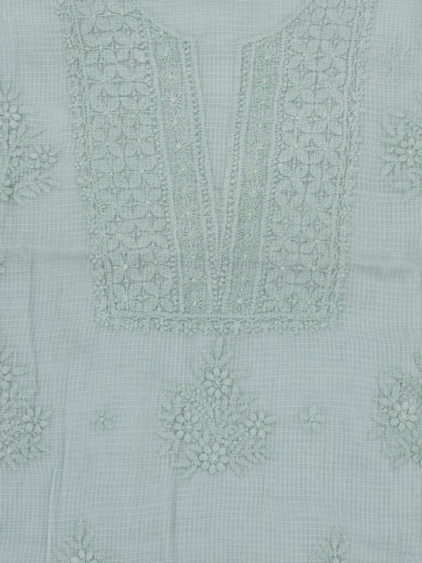 Exquisite Lucknow Chikankari Fern Green Kota Cotton Unstitched 3-Piece Kurti Set by Adrika