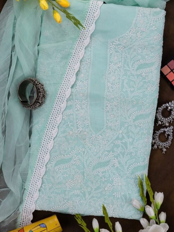 Adrika's Lucknow Chikankari Fern Green Cotton Unstitched 3-Piece Kurti Set