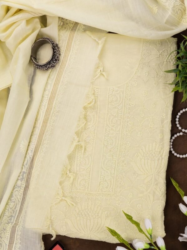 Adrika's Lucknow Chikankari Crayola Lemon Yellow Mangalgiri Cotton Unstitched 2-Piece Kurti Set
