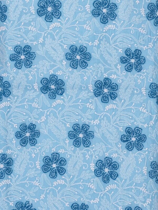 Hand-embroidered Lucknow Chikankari Sky Blue Cotton Unstitched 3-Piece Kurti Set by Adrika