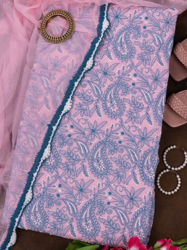 Adrika's Lucknow Chikankari Pink Cotton Unstitched 3-Piece Kurti Set