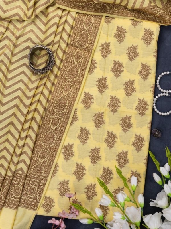 Adrika's Banarasi Butter Silk Champagne Yellow Kurti & Dupatta Set with Copper Zari Work