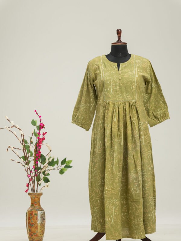 Adrika’s Dabu Cotton Mehendi Green Long Dress