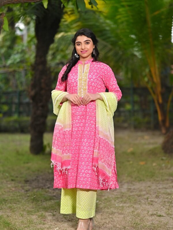 Adrika’s Pink Pure Sanganeri Cotton Kurti Set