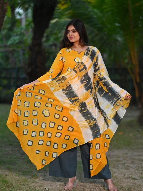 Adrika’s Yellow Pure Cotton Bandhani Kurti Set