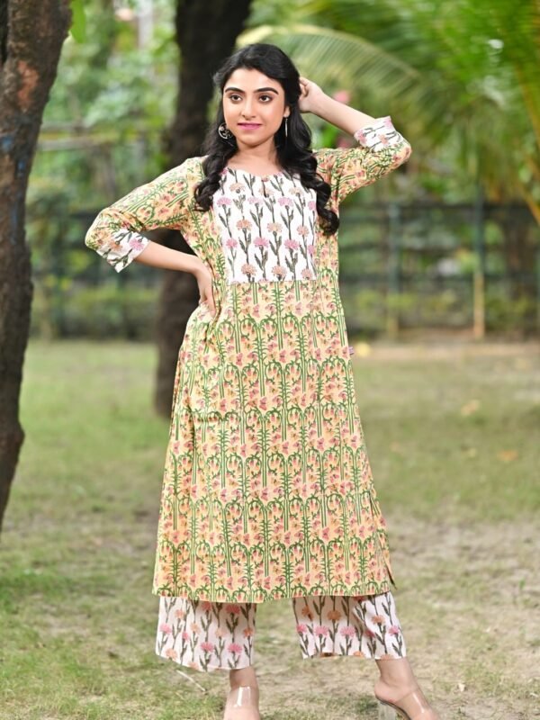 Traditional hand block printed cotton kurti and pants ensemble