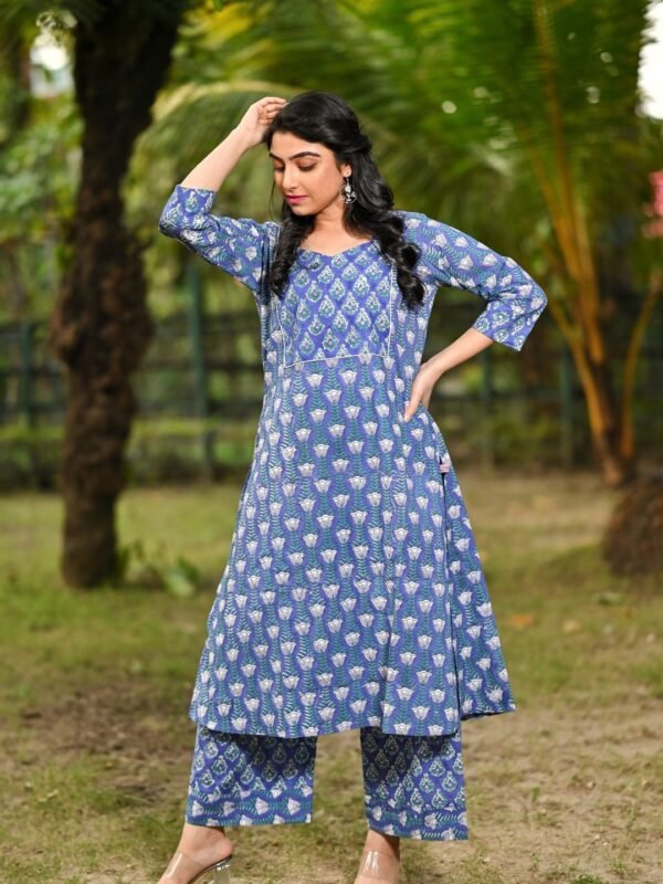 Hand block printed ethnic cotton kurti set with intricate designs