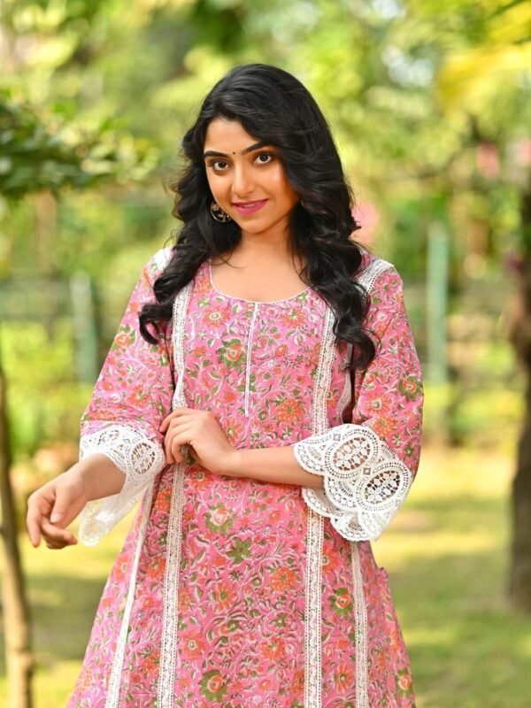 Stylish two-piece cotton kurti set with hand block designs