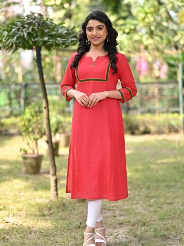 Adrika’s Red Handloom Cotton Hand Embroidered Kurti