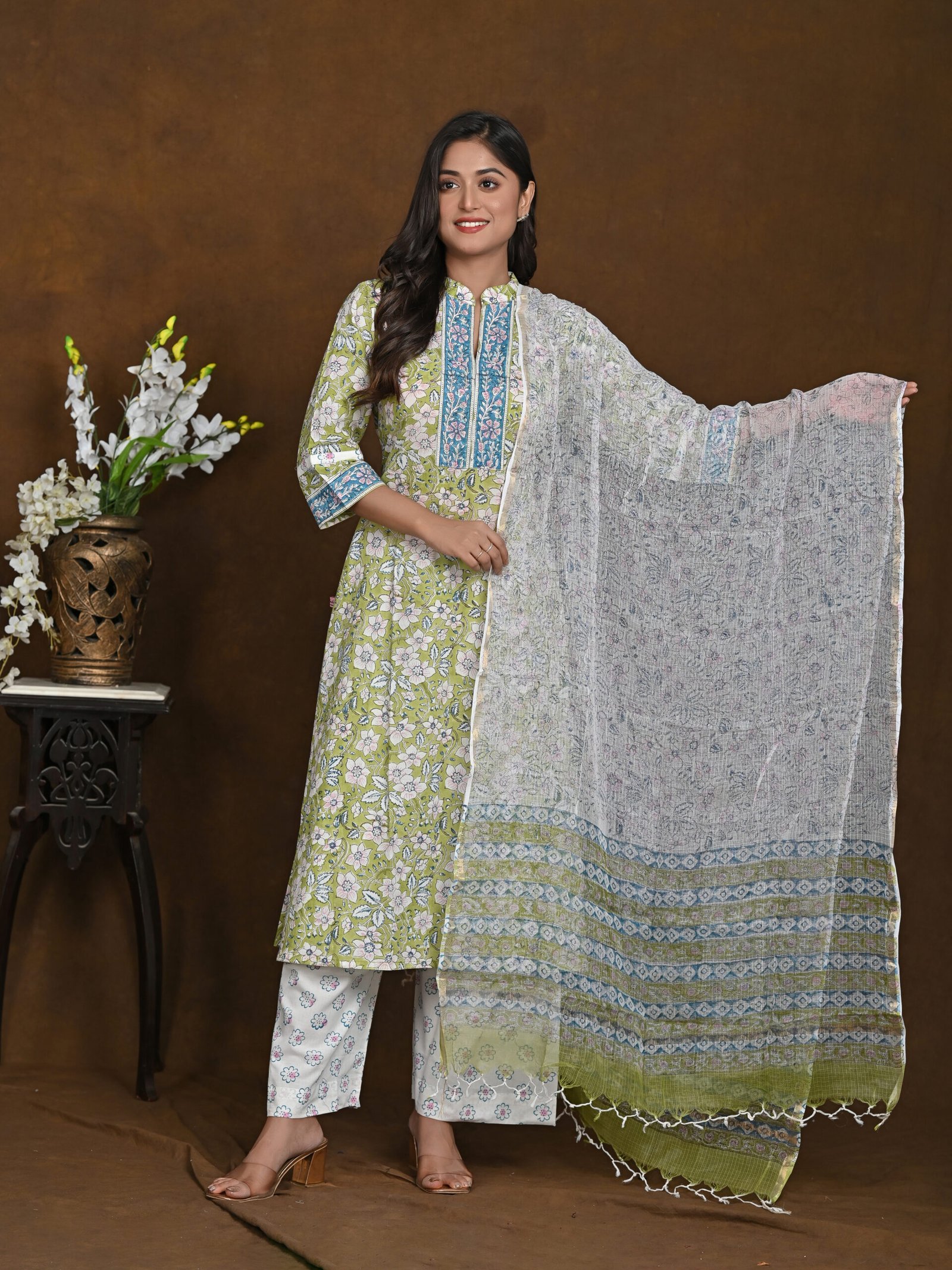 Adrika’s Light Green Pure Sanganeri Cotton Kurti Set