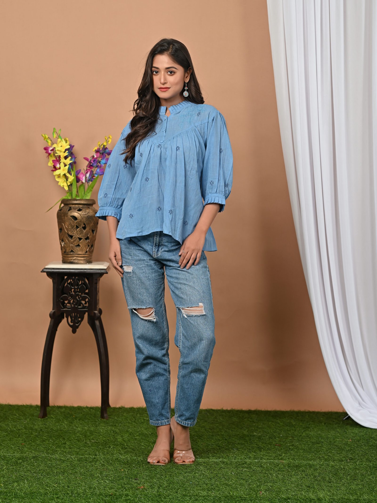 Adrika’s Sky Blue Handloom Cotton Jamdani Top