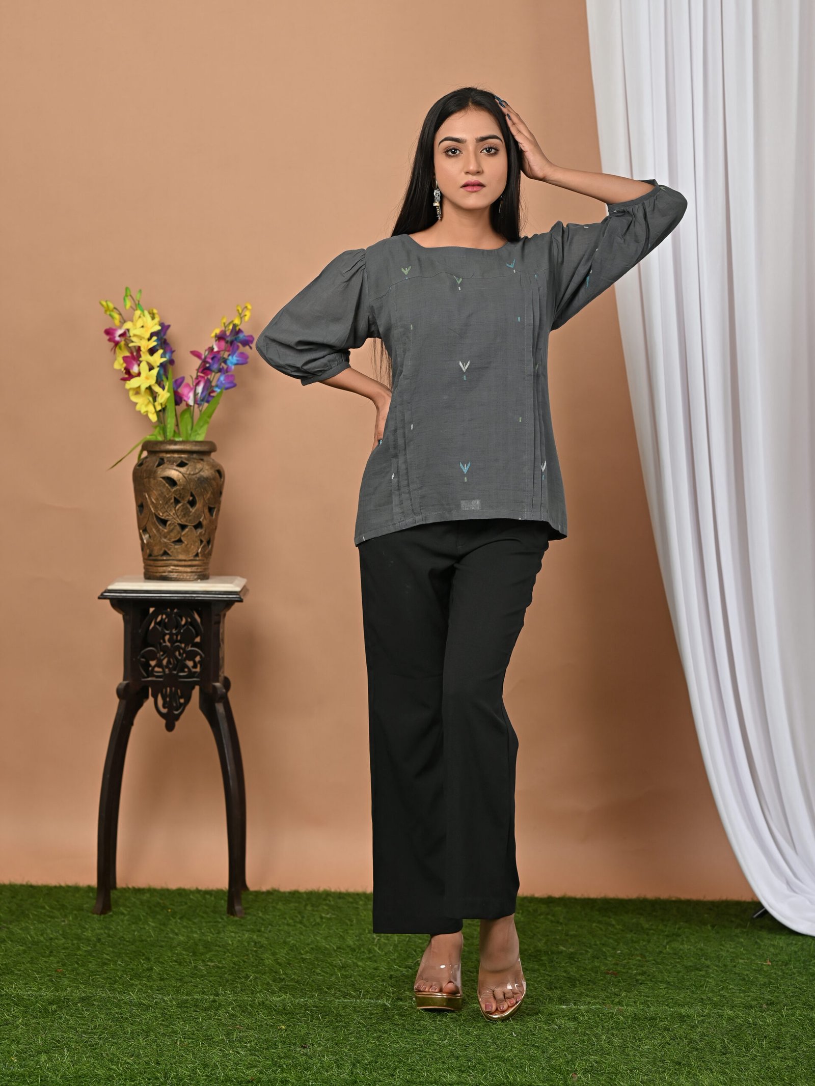 Adrika’s Grey Handloom Cotton Jamdani Top