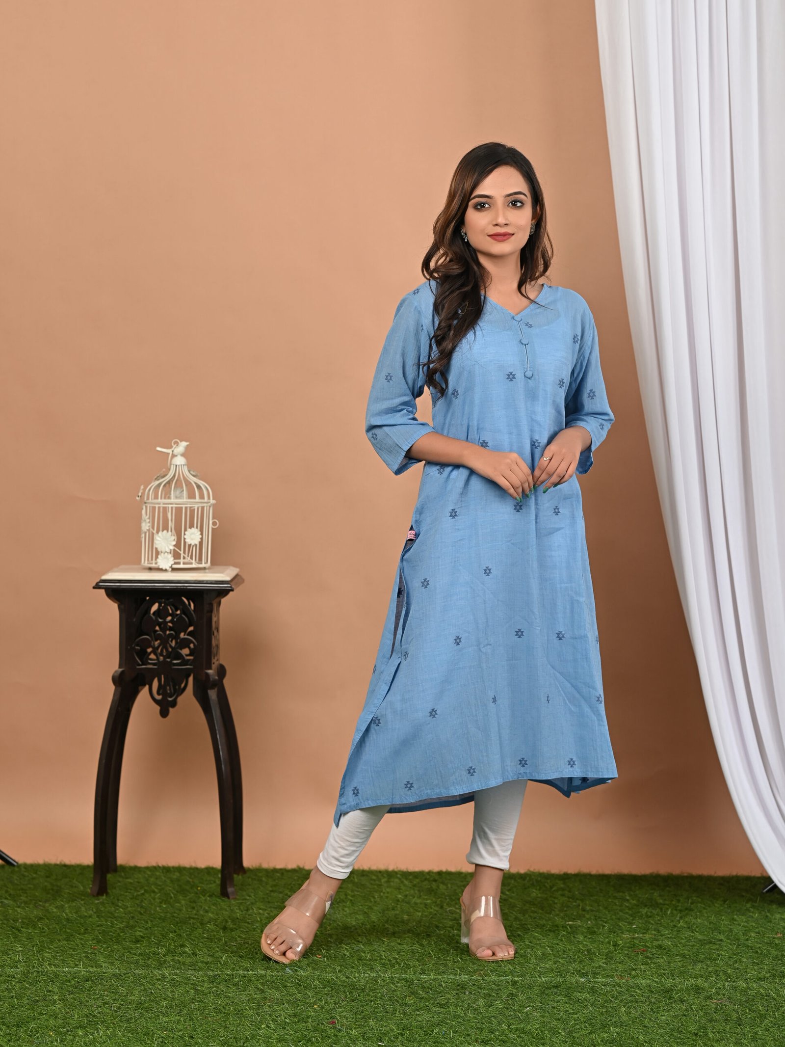 Adrika’s Sky Blue color Handloom Cotton Jamdani Kurti