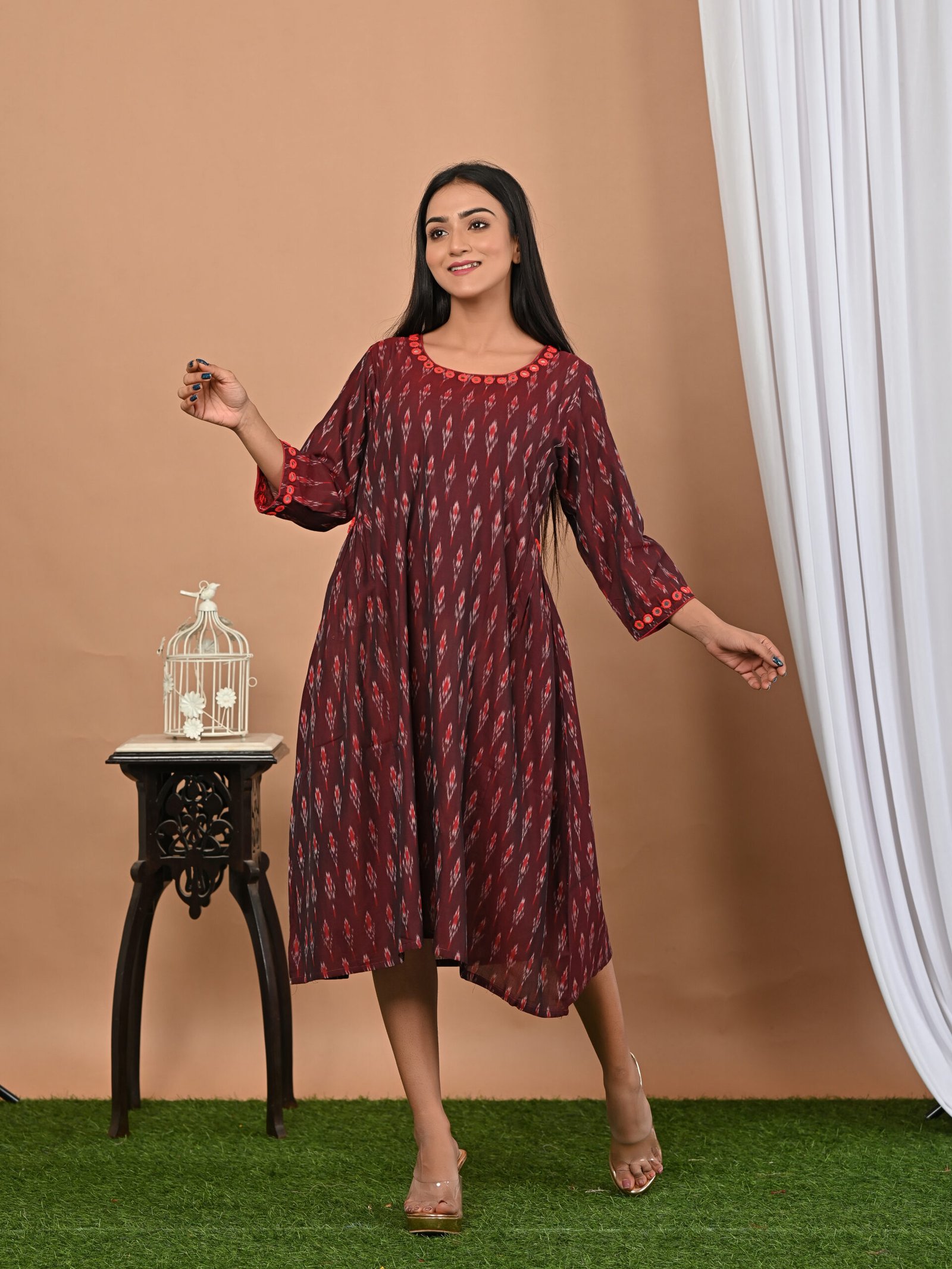 Adrika’s Maroon Ikkat Cotton Dress