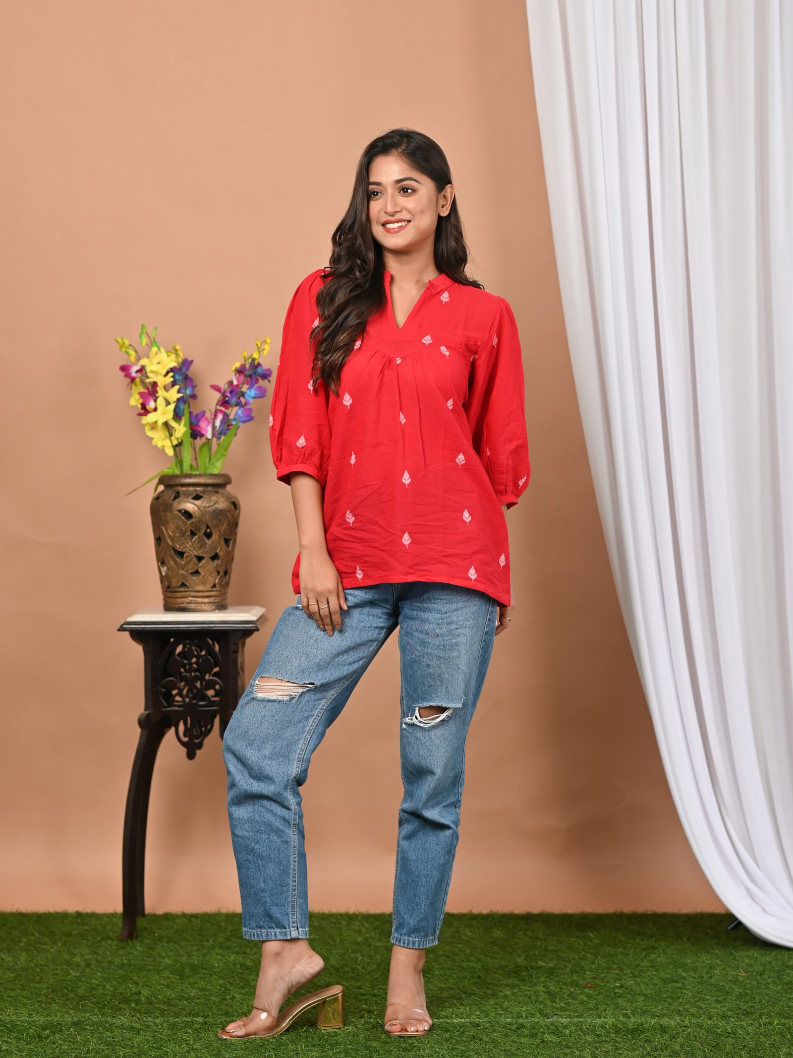 Adrika’s Red Handloom Cotton Jamdani Top