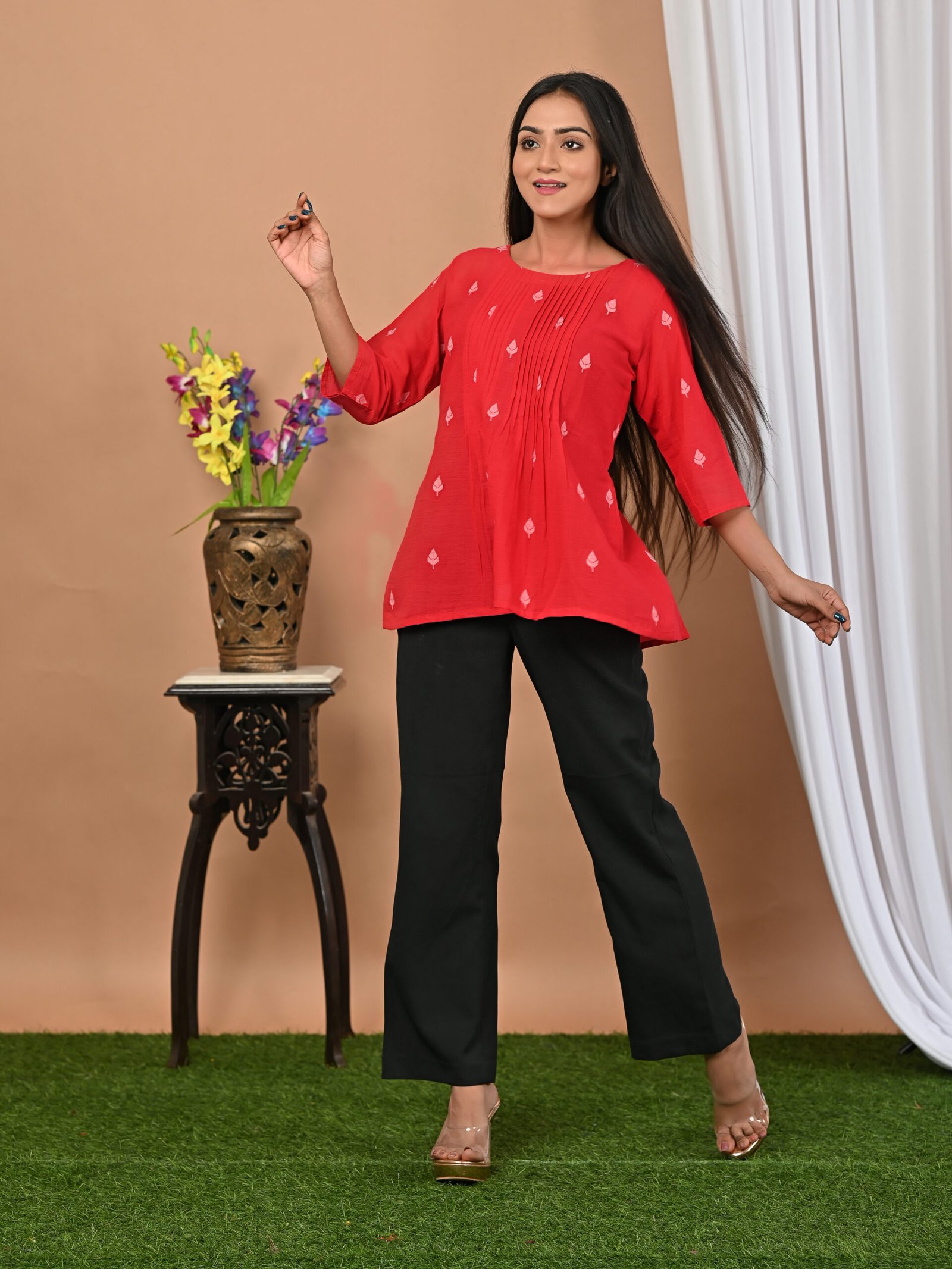 Adrika’s Red Handloom Cotton Jamdani Top