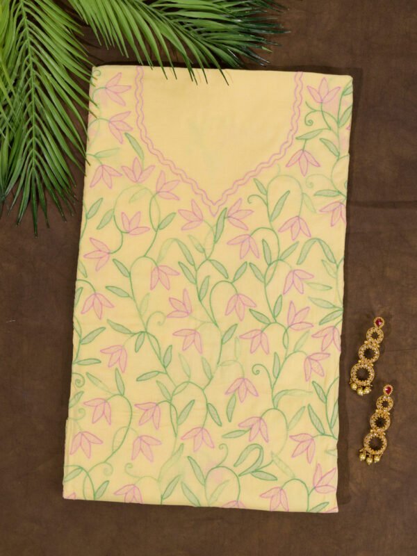 Adrika’s Yellow Pure Cotton Unstitched Shadow Work Kurti