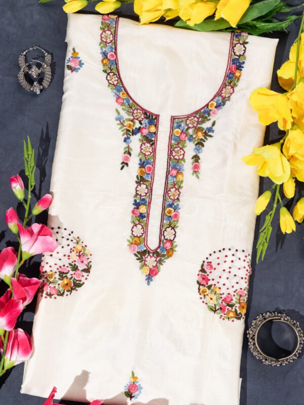 Adrika’S Off-White Hand Embroidered Bishnupuri Silk Unstitched Kurti