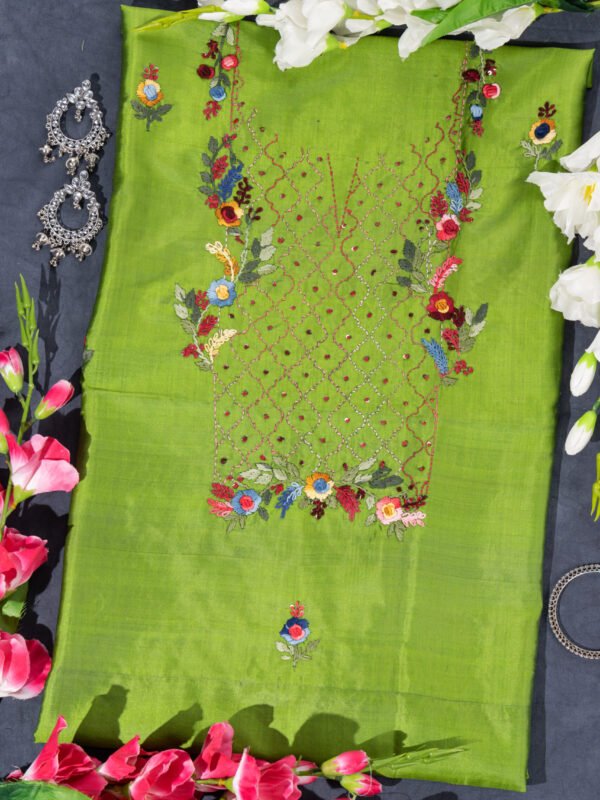 Adrika’S Green Hand Embroidered Bishnupuri Silk Unstitched Kurti