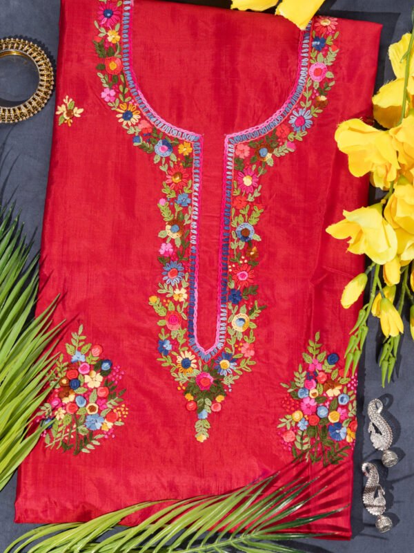 Adrika'S Red Hand Embroidered Bishnupuri Silk Unstitched Kurti