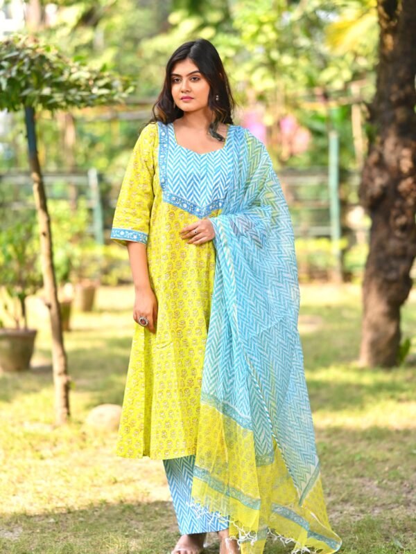 Adrika’s Light Green & Sky Blue Pure Sanganeri Cotton 3 Pc Kurti Set