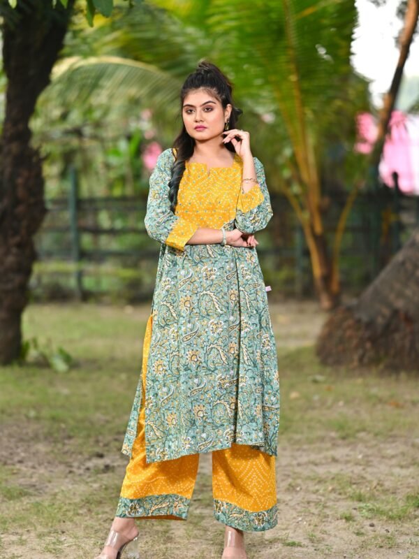 Adrika’s Yellow And Light Green Pure Cotton Hand Block 2 Pc Kurti Set