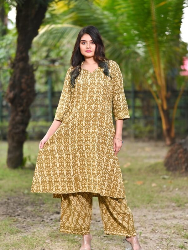 Adrika’s Olive Green Dabu Cotton 2 Pc Kurti Set