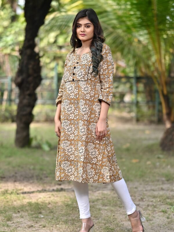 Adrika’s Mustard Yellow Pure Hand Block Cotton Kurti