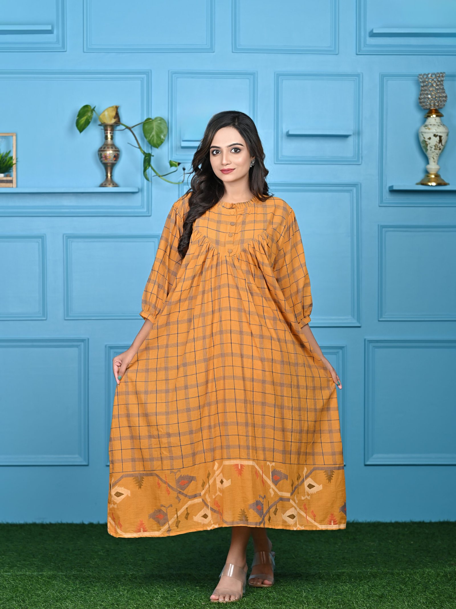Adrika’s Handloom Cotton Jamdani Golden Yellow & Blue Check Long Dress