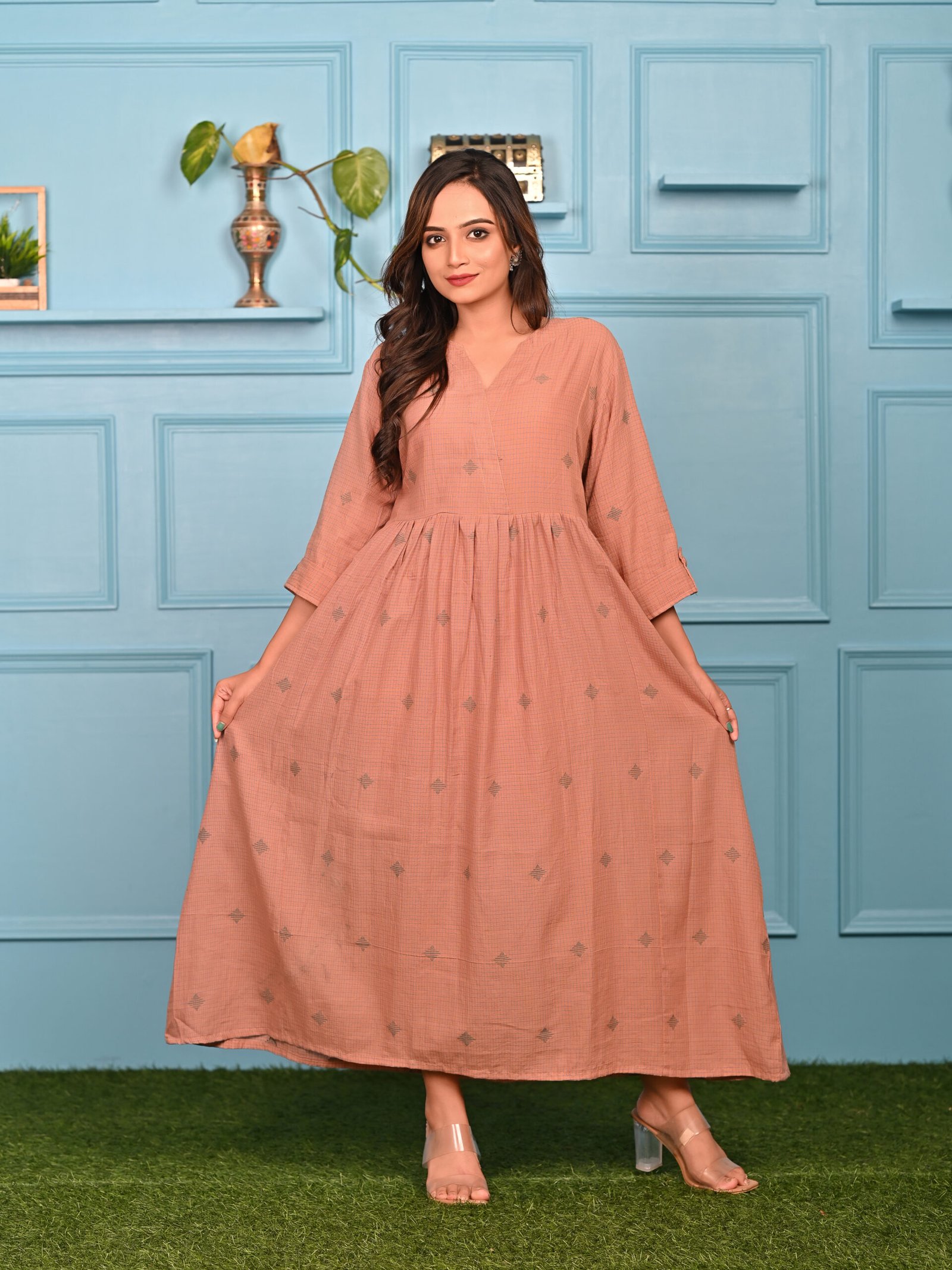 Adrika’s Handloom Cotton Jamdani Brown & Blue Check Long Dress