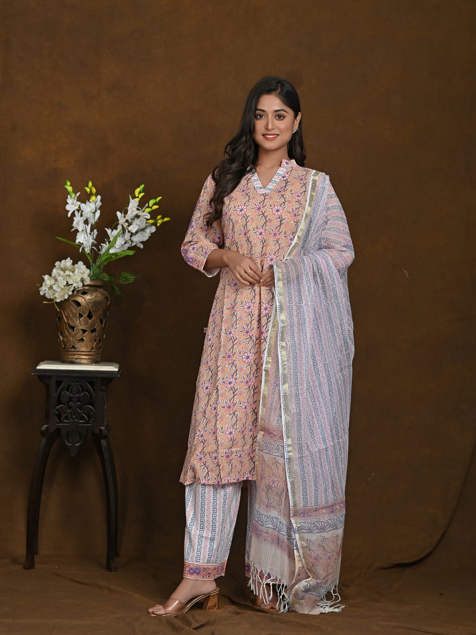 Adrika’s Pale Orange Pure Hand Block Cotton 3 Pc Kurti Set