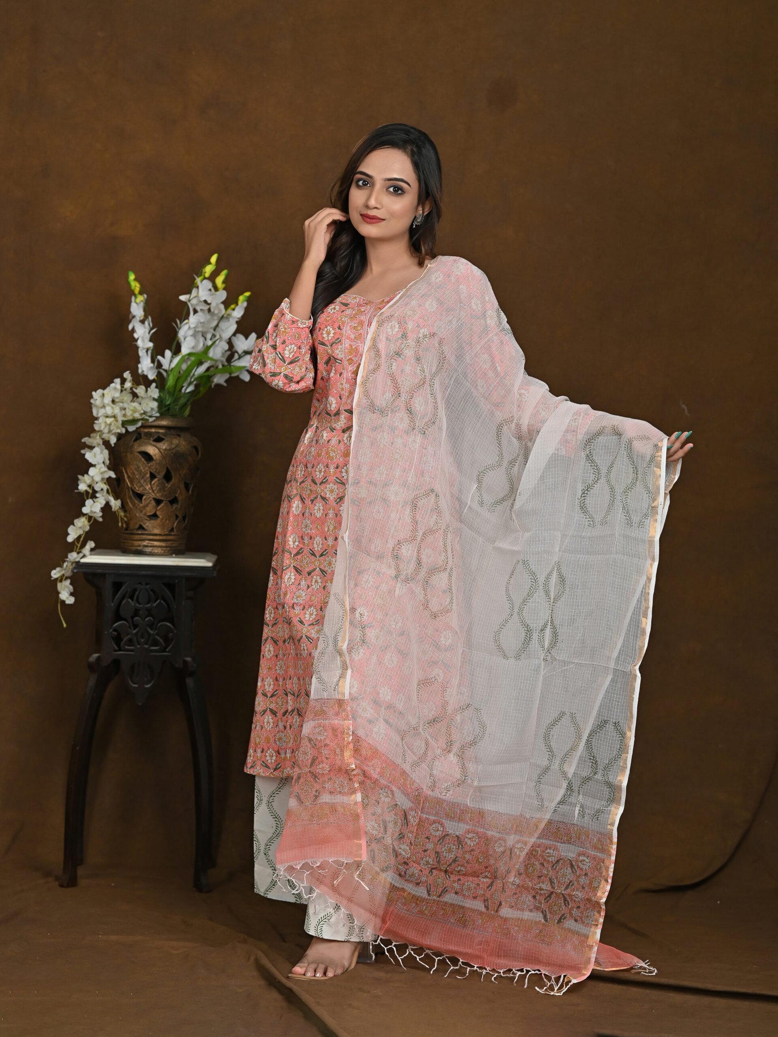 Adrika’s Orangish Pink Pure Hand Block Cotton 3 Pc Kurti Set